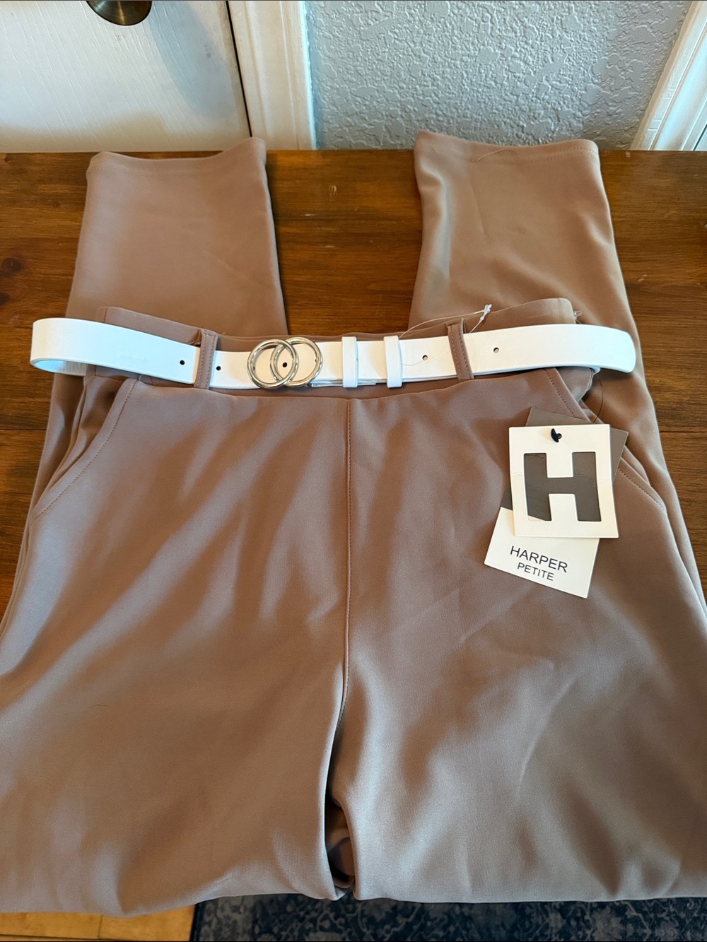 Harper Taupe Ponte Trousers with White Double-Ring Belt Medium Petite
